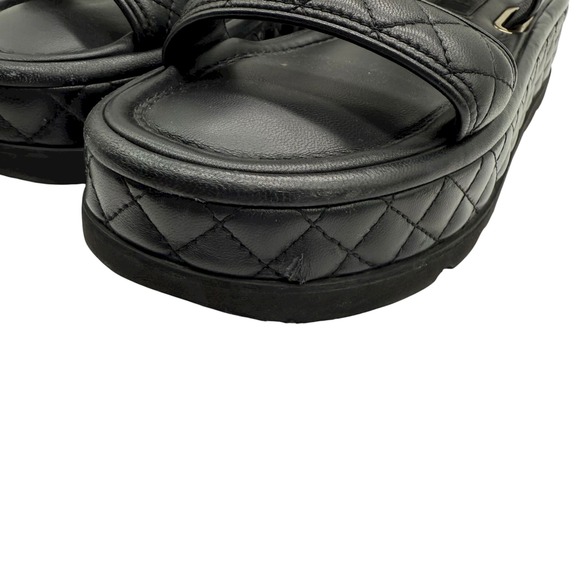 Chanel Black Leather Quilted Platform Sandals CC Logo Gold Buckle Size 38.5 - Picture 8 of 11